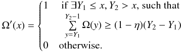 Mathematical equation: \begin{eqnarray} \label{eq:rewritten-scale-invariant-rank-operator-with-omega} \Omega'(x) = \begin{cases} 1 & \mbox{ if } \exists Y_1\le x,Y_2 > x \textrm{, such that}\\ & \hspace{0.2cm} \sum\limits^{Y_2-1}_{y=Y_1} \Omega(y) \ge(1-\eta)(Y_2-Y_1) \\ 0 & \mbox{otherwise.} \end{cases} \end{eqnarray}