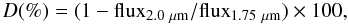 Mathematical equation: \begin{equation} D (\%) = (1 - {\rm flux}_{2.0~\mu{\rm m}}/{\rm flux}_{1.75~\mu{\rm m}}) \times 100 , \end{equation}