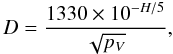 Mathematical equation: \begin{equation} D= \frac{1330 \times 10^{-H/5}}{\sqrt{p_V}} , \end{equation}
