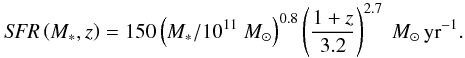 Mathematical equation: \begin{equation} {\it SFR}\left(M_{*}, z\right) = 150\left(M_{*}/10^{11}~M_{\odot}\right)^{0.8}\left(\frac{1+z}{3.2}\right)^{2.7} ~{M_{\odot}\,{\rm yr}^{-1}}. \label{eqn:sfr} \end{equation}
