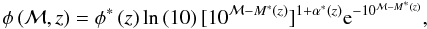 Mathematical equation: \begin{equation} \phi\left(\mathcal{M}, z\right) = \phi^{*}\left(z\right)\ln\left(10\right)[10^{\mathcal{M}-M^{*}\left(z\right)}]^{1+\alpha^{*}\left(z\right)}{\rm e}^{-10^{\mathcal{M}-M^{*}\left(z\right)}}, \label{eqn:gmf} \end{equation}