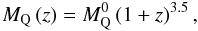 Mathematical equation: \begin{equation} M_{\mathrm{Q}}\left(z\right) = M_{\mathrm{Q}}^{0}\left(1+z\right)^{3.5}, \label{eqn:quenchingmass} \end{equation}