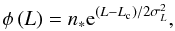 Mathematical equation: \begin{equation} \label{eqn:GRBLF} \phi\left(L\right) = n_{*} {\rm e}^{\left(L-L_{\mathrm{c}}\right) / 2\sigma_{L}^{2}}, \end{equation}