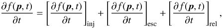 Mathematical equation: \begin{equation} \label{fp} \frac{\partial f(\vec{p}, t)}{\partial t}= \left[\frac{\partial f(\vec{p}, t)}{\partial t}\right]_{\mathrm{inj}}+ \left[\frac{\partial f(\vec{p}, t)}{\partial t}\right]_{\mathrm{esc}}+ \left[\frac{\partial f(\vec{p}, t)}{\partial t}\right]_{\mathrm{rel}}, \end{equation}