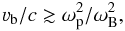 Mathematical equation: \begin{equation} \label{vcond} \varv_{\mathrm{b}}/c\gtrsim\omega_{\mathrm{p}}^2/\omega_{\mathrm{B}}^2, \end{equation}