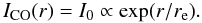\begin{equation} I_{\rm CO}(r) = I_{0}\propto \exp(r/r_{\rm e}) . \label{Ico_r} \end{equation}