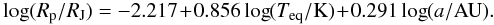 \begin{eqnarray} \log(R_{\rm p}/R_{\rm J}) = -2.217 \!+\! 0.856 \log(T_{\rm eq}/{\rm K}) \!+\! 0.291 \log(a/{\rm AU}). \end{eqnarray}