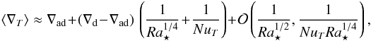 \begin{eqnarray} \delmean\approx\delad\!+\! (\deld\!-\!\delad)\, \left(\frac{1}{\Ras^{1/4}}\!+\!\frac{1}{\NuT}\right)\!+\!\mathcal{O}\left(\frac{1}{\Ras^{1/2}},\frac{1}{\NuT\Ras^{1/4}}\right) ,\label{meanT} \end{eqnarray}