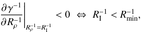 \begin{eqnarray} \label{merge_crit} \pdc{\,\gamma^{-1}}{\,\Rzm}{\Rzm=\RIm}<0 \,\, \Leftrightarrow \,\,\RIm<\Rmin, \end{eqnarray}