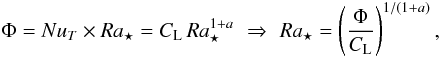 \begin{eqnarray} \label{solRas} \Phi=\NuT\times\Ras=\Cl\,\Ras^{1+a}\,\,\Rightarrow\,\,\Ras=\left(\frac{\Phi}{\Cl}\right)^{1/(1+a)}, \end{eqnarray}