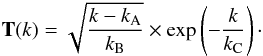 \begin{equation} \TrF(k) = \sqrt{ \frac{ k-k_{\rm A}}{ k_{\rm B}} } \times \exp \left( - \frac{k}{k_{\rm C}} \right) \cdot \label{eq:tfanalytique} \end{equation}