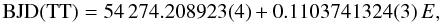 \begin{equation} \mathrm{BJD(TT)} = 54\,274.208923(4) + 0.1103741324(3)\,E, \end{equation}