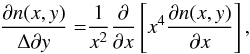 \begin{eqnarray} \frac{\partial n(x,y)}{\Delta \partial y}=\frac{1}{x^2}\frac{\partial}{\partial x}\left[x^4\frac{\partial n(x,y)}{\partial x}\right]\label{szeq}, \end{eqnarray}