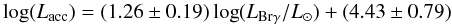 \begin{equation} \log(L_\mathrm{acc}) = (1.26\pm0.19)\log(L_{\mathrm{Br}\gamma}/L_\odot)+(4.43\pm0.79)\label{eq:Lacc} \end{equation}