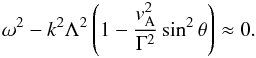 \begin{equation} \omega^2 - k^2 \Lambda^2 \left( 1 - \frac{\va^2}{\Gamma^2} \sin^2 \theta \right) \approx 0. \label{eq:appsol} \end{equation}