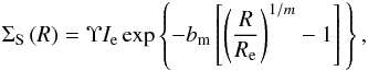 \begin{equation} \Sigma_{\text{S}}\left(R\right) = \Upsilon I_{{\text{e}}}\exp\left\{ -b_{\rm m}\left[\left(\frac{R}{R_{{\text{e}}}}\right)^{1/m}- 1\right]\,\right\} ,\label{eq:Sersic-surface-mass-density} \end{equation}