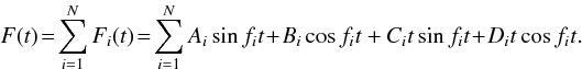 \begin{equation} \label{least_square} F(t)\!=\! \sum_{i=1}^{N} F_i(t)\! =\! \sum_{i=1}^{N}{A_i\sin f_i t \! +\! B_i\cos f_i t+C_it\sin f_i t\! +\! D_i t\cos f_i t}. \end{equation}