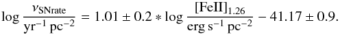 $$ \log\frac{\nu_{\rm SNrate}}{\rm yr^{-1}\,pc^{-2}} = 1.01 \pm 0.2\ast \log\frac{{\rm [FeII]}_{1.26}}{\rm erg\,s^{-1}\,pc^{-2}} - 41.17 \pm 0.9. $$
