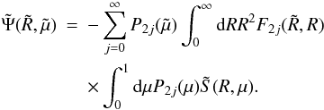 Mathematical equation: \begin{eqnarray} \label{radiation_series} \tilde \Psi(\tilde R,\tilde \mu) & = & - \sum_{j=0}^\infty P_{2j}(\tilde \mu) \int_0^\infty {\rm d}R {R}^2 F_{2j}(\tilde R,R) \nonumber \\ & & \times \int_0^1 {\rm d} \mu P_{2j}(\mu) \tilde S(R,\mu). \end{eqnarray}