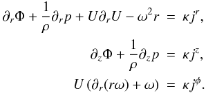 Mathematical equation: \begin{eqnarray} \partial_r \Phi + \frac{1}{\rho} \partial_r p + U \partial_r U - \omega^2 r & = & \kappa j^r, \nonumber \\ \partial_z \Phi + \frac{1}{\rho} \partial_z p & = & \kappa j^z, \nonumber \\ U \left( \partial_r (r \omega) + \omega \right) & = & \kappa j^\phi. \label{ag} \end{eqnarray}