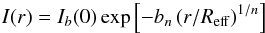 Mathematical equation: \begin{equation} I(r) = I_b(0) \exp{\left[-b_n \left(r/R_{\rm eff}\right)^{1/n}\right]} \end{equation}