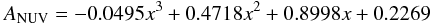 Mathematical equation: \begin{equation} \label{A_NUV} A_{\rm NUV} = -0.0495x^3 + 0.4718x^2 + 0.8998x + 0.2269 \end{equation}