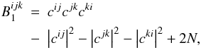 Mathematical equation: \begin{eqnarray} \label{eqn:hist_biaspec} B^{ijk}_{1} &=& c^{ij}c^{jk}c^{ki} \nonumber\\ &-&\left|c^{ij}\right|^{2} -\left|c^{jk}\right|^{2} -\left|c^{ki}\right|^{2} +2 N, \end{eqnarray}