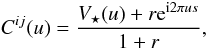 Mathematical equation: \begin{equation} C^{ij}(u) = \frac{V_{\star}(u) + r \mathrm{e}^{{\rm i}2\pi us}}{1+r},\label{eqn:comp_vis_binary} \end{equation}