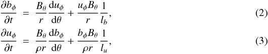 Mathematical equation: \begin{eqnarray} \label{eqbphi} \frac{\partial b_\phi}{\partial t}&=&\frac{B_\theta}{r}\frac{{\rm d}u_\phi}{{\rm d}\theta}+\frac{u_\phi B_\theta}{r}\frac{1}{l_b}, \\ \label{equphi} \frac{\partial u_\phi}{\partial t}&=&\frac{B_\theta}{\rho r}\frac{{\rm d}b_\phi}{{\rm d}\theta}+\frac{b_\phi B_\theta}{\rho r}\frac{1}{l_u}, \end{eqnarray}