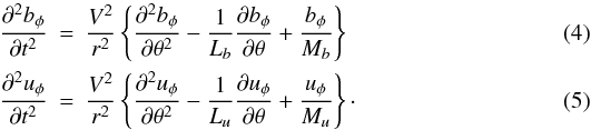 Mathematical equation: \begin{eqnarray} \label{eqwvb} \frac{\partial^2 b_\phi}{\partial t^2}&=&\frac{V^2}{r^2}\left\{\frac{\partial^2 b_\phi}{\partial\theta^2}-\frac{1}{L_b}\frac{\partial b_\phi}{\partial\theta}+\frac{b_\phi}{M_b}\right\}\\ \label{eqwvu} \frac{\partial^2 u_\phi}{\partial t^2}&=&\frac{V^2}{r^2}\left\{\frac{\partial^2 u_\phi}{\partial\theta^2}-\frac{1}{L_u}\frac{\partial u_\phi}{\partial\theta}+\frac{u_\phi}{M_u}\right\}\cdot \end{eqnarray}