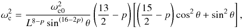 Mathematical equation: \begin{equation} \omega_{\rm c}^2=\frac{\omega_{{\rm c}0}^2 }{ L^{8-p} \sin^{(16-2p)}\theta}\left(\frac{13}{2}-p\right)\left[\left(\frac{15}{2}-p\right)\cos^2\theta+\sin^2\theta\right],\label{eqwc2dp} \end{equation}