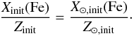 Mathematical equation: \appendix \setcounter{section}{1} \begin{equation} \frac{X_\mathrm{init}(\mathrm{Fe})}{Z_\mathrm{init}} = \frac{X_\mathrm{\odot,init}(\mathrm{Fe})}{\Z_\mathrm{\odot,init}}\cdot \label{Eq:X(Fe)/Z} \end{equation}