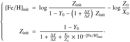 Mathematical equation: \appendix \setcounter{section}{1} \begin{equation} \left\{ \begin{array}{rll} \FeH_\mathrm{init} & = & \displaystyle \log \frac{Z_\mathrm{init}} {1-Y_0-\left( 1+\deltaYdeltaZ \right) \; Z_\mathrm{init}} - \log \frac{Z_\odot}{X_\odot} \\ & & \\ Z_\mathrm{init} & = & \displaystyle \frac{1-Y_0} {1+\deltaYdeltaZ+\frac{X_\odot}{Z_\odot}\times 10^{-\FeH_\mathrm{init}}} \cdot \end{array} \right. \label{Eq:FeHandZ} \end{equation}