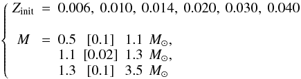 Mathematical equation: \begin{equation} \left\{ \begin{array}{cllcl} \Zinit & = & \multicolumn{3}{l}{0.006, ~0.010, ~0.014, ~0.020, ~0.030, ~0.040}\\ \\ M & = & 0.5 & [0.1] & 1.1~\mass{},\\ & & 1.1 & [0.02] & 1.3~\mass{},\\ & & 1.3 & [0.1] & 3.5~\mass{} \end{array} \right. \label{Eq:gridDefinition} \end{equation}