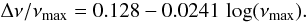 Mathematical equation: \begin{equation} \Delta \nu / \nu_\mathrm{max} = 0.128 - 0.0241 \, \log(\nu_\mathrm{max}) . \label{Eq:DeltaNuOverNuMax} \end{equation}