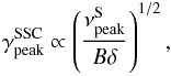 Mathematical equation: \begin{equation} \gamma^{\rm SSC}_{\rm peak} \propto \left( \frac{\nu_{\rm peak}^{\rm S}}{B \delta} \right)^{1/2} , \label{nupS} \end{equation}