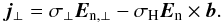 Mathematical equation: \begin{equation} \vec{j}_{\perp} = \sigma _{\perp}\vec{E}_{\mathrm{n},\perp} - \sigma _{\mathrm{H}}\vec{E}_{\mathrm{n}}\times\vec{b}. \end{equation}