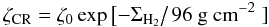 Mathematical equation: \begin{equation} \zeta _{\mathrm{CR}} = \zeta _{0} \exp{\left[ - \Sigma _{\mathrm{H _{2}}}\right/96~\mathrm{g}~\mathrm{cm}^{-2}\left. \right]} \label{eq:CR_ion_rate} \end{equation}