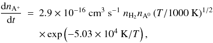 Mathematical equation: \begin{eqnarray} \frac{\mathrm{d}n_{\mathrm{A}^{+}}}{\mathrm{d}t} &=& 2.9 \times 10^{-16}~\mathrm{cm}^{3}~\mathrm{s}^{-1}~n_{\mathrm{H}_{2}}n_{\mathrm{A}^{0}} \left(T/1000~\mathrm{K}\right)^{1/2} \notag\\ &&\times\exp\left(-5.03\times 10^{4}~\mathrm{K}/T\right), \label{eq:thermal_ion_rate} \end{eqnarray}