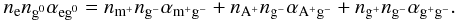 Mathematical equation: \begin{eqnarray} n_{\mathrm{e}}n_{\mathrm{g}^{0}}\alpha_{\mathrm{e}\mathrm{g}^{0}} = n_{\mathrm{m}^{+}}n_{\mathrm{g}^{-}}\alpha_{\mathrm{m}^{+}\mathrm{g}^{-}} + n_{\mathrm{A}^{+}}n_{\mathrm{g}^{-}}\alpha_{\mathrm{A}^{+}\mathrm{g}^{-}} + n_{\mathrm{g}^{+}}n_{\mathrm{g}^{-}}\alpha_{\mathrm{g}^{+}\mathrm{g}^{-}}. \label{eq:negative_grain} \end{eqnarray}