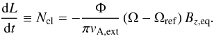 Mathematical equation: \begin{equation} \frac{\mathrm{d}L}{\mathrm{d}t}\equiv N_{\mathrm{cl}}=-\frac{\Phi }{\pi v_{\mathrm{A,ext}}} \left( \Omega -\Omega _{\mathrm{ref}}\right) B_{z,\mathrm{eq}}. \label{eq:MB_torque} \end{equation}