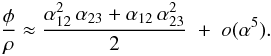Mathematical equation: \begin{equation} \frac{\phi}{\ratio} \approx \frac{\baseAn^2\,\baseBn + \baseAn\,\baseBn^2}{2} \;+\; o(\alpha^5). \label{eq:close1} \end{equation}