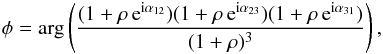 Mathematical equation: \begin{equation} \closure = \arg \left( \frac{(1+\ratio\,{\rm e}^{{\rm i}\baseAn}) (1+\ratio\,{\rm e}^{{\rm i}\baseBn}) (1+\ratio\,{\rm e}^{{\rm i}\baseCn})} {(1+\ratio)^3} \right), \label{eq:1} \end{equation}