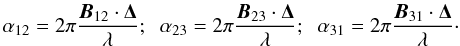 Mathematical equation: \begin{equation} \baseAn = 2\pi \frac{\baseA \cdot \position}{\wave}; \;\; \baseBn = 2\pi \frac{\baseB \cdot \position}{\wave}; \;\; \baseCn = 2\pi \frac{\baseC \cdot \position}{\wave}\cdot \label{eq:1b} \end{equation}