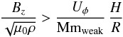 Mathematical equation: \begin{eqnarray} \frac{B_z}{\sqrt{\mu_0\rho}}> \frac{U_\phi}{\rm Mm_{\rm weak}} \, \frac{H}{R} \label{bb} \end{eqnarray}