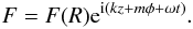 Mathematical equation: \begin{eqnarray} F = F(R) {\rm e}^{{\rm i}(kz+m\phi+\omega t)}. \label{Fourier} \end{eqnarray}