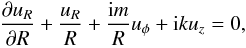 Mathematical equation: \begin{eqnarray} {\partial u_R \over \partial R} + {u_R \over R} + {{\rm i}m \over R} u_\phi + {\rm i}k u_z = 0, \label{p1} \end{eqnarray}