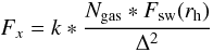 Mathematical equation: \begin{equation} F_x = k * \frac{N_{\rm gas}*F_{\rm sw}(r_{\rm h})}{\Delta^{2}} \label{eqn:luli_pred} \end{equation}