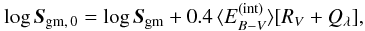 Mathematical equation: \begin{equation} \label{int-ext} \log \vec{S}_{\rm gm,\, 0} = \log \vec{S}_{\rm gm} + 0.4\,\langle E^{\rm (int)}_{B-V} \rangle [R_{V} + Q_{\lambda}], \end{equation}