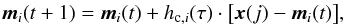 Mathematical equation: \begin{equation} \label{eq:adaption} \vec{m}_i(t+1)=\vec{m}_i(t)+h_{{\rm c},i}(\tau)\cdot\big[\vec{x}(j)-\vec{m}_i(t)\big], \end{equation}